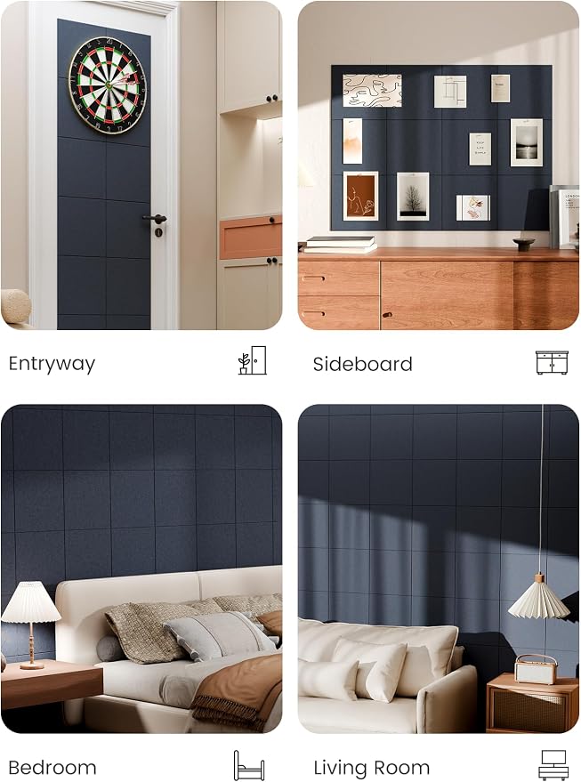 Bumusty 48" x 36" Large Cork Board Alternative, Deep Charcoal Blue | 12-Pack Felt Bulletin Board Tiles, 60 Adhesive Tabs, 30 Pushpins, Home, Office, Classroom, Vision Board