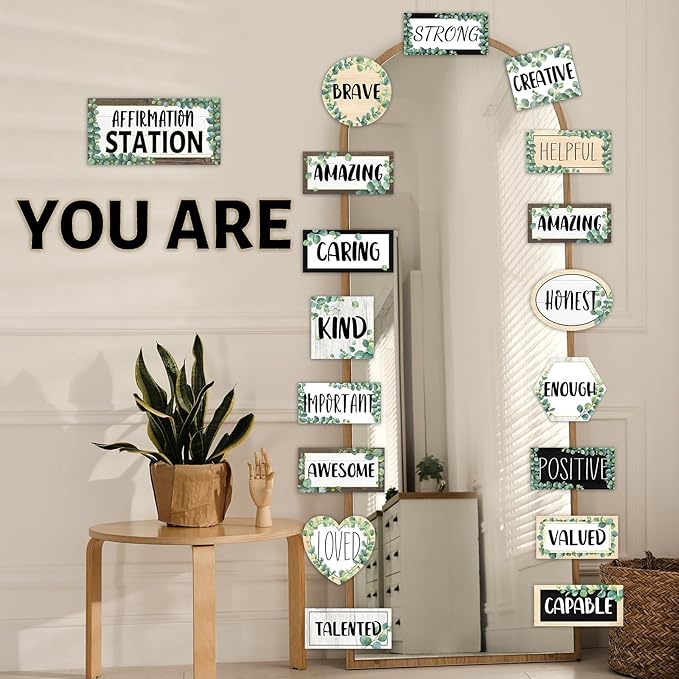 Eucalyptus Affirmation Station Bulletin Board Classroom Decorations Set Boho Greenery Growth Mindset Inspirational Bulletin Board Poster Positive Affirmations Accents Cutout for Teachers Wall Mirror