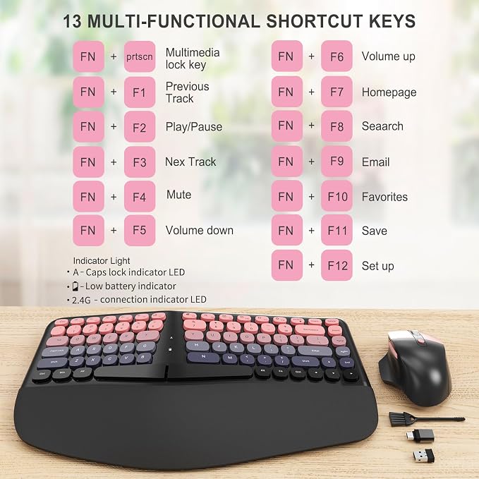 Ergonomic Wireless Keyboard Mouse, Mechanical Gaming Set with Wrist Rest | Compatible With All windows and Type C Computer,With OTG & Long Clean Bruch,Ideal for PC, Home, Office and College
