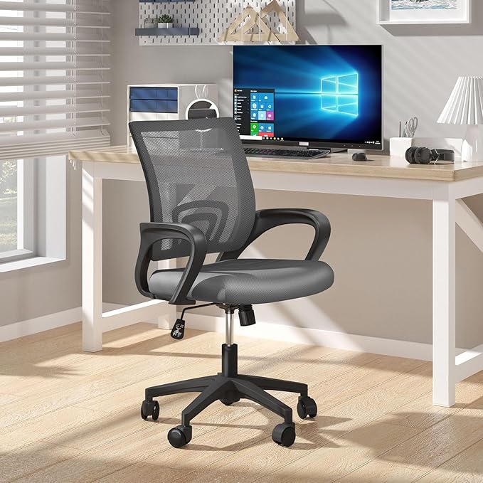 Home Office Chair, Ergonomic Mid-Back Mesh Desk Chair with Lumbar Support, Adjustable Swivel Rolling Design, Comfy Armrest for Work, Study, Gaming, Vanity (Light Gray, Single Chair)