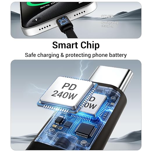 2-in-1 Invisible Stand Fast Charging Cable 240W Type-C Braided Fast Charging Cable Built-in Phone Stand 2 in 1 Phone Holder Cable for Suitable for Gaming Office and Travel Black