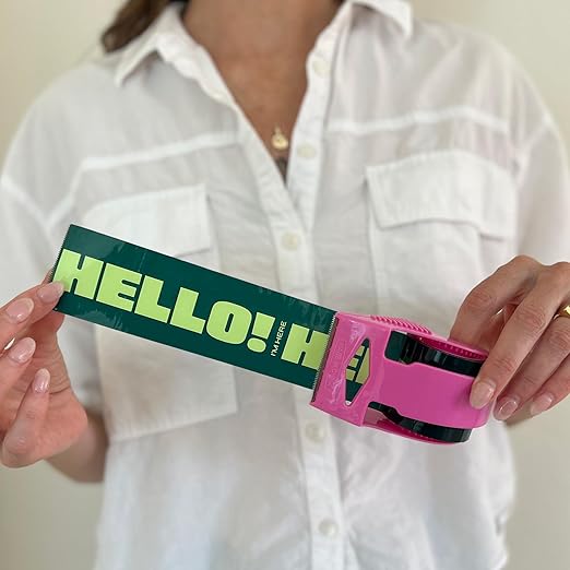 Decorative Packing Tape with Pink Dispenser – Hello! I'm Here, Dark Green Mint, 1.88" x 22.2 Yards – Cute Printed Shipping Tape for Gifts, Small Business Essentials, and Mailers