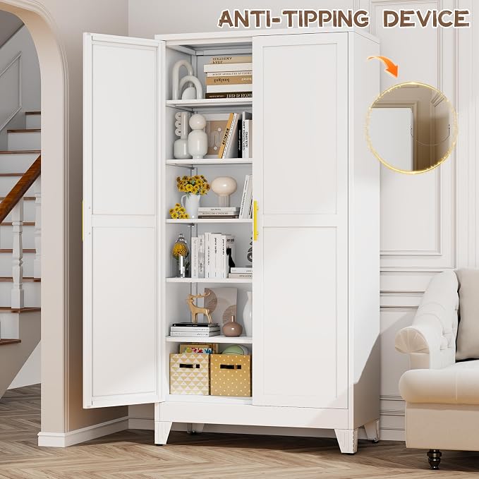 78.7" Tall Metal Pantry Cabinet, Freestanding Kitchen Storage Cabinet | with 2 Doors and 5 Adjustable Shelves, Versatile Storage Cupboard for Kitchen, Laundry, Dining & Utility Room, White