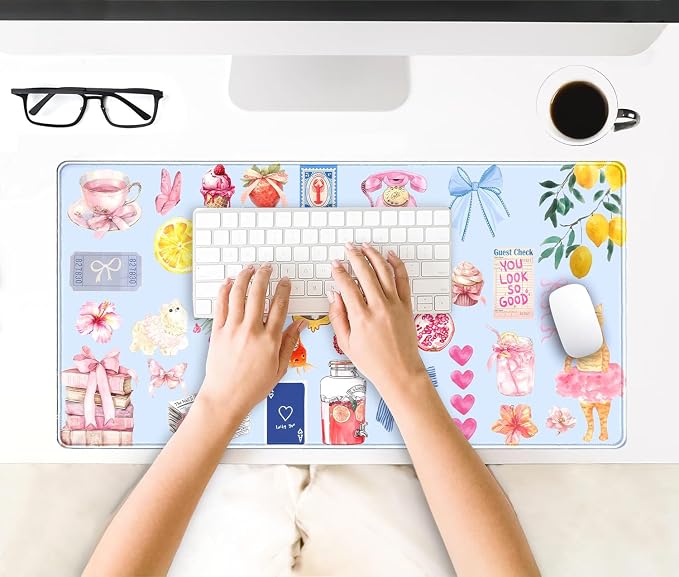Cute Blue Desk Mat Kawaii Cat Mouse Pad Retro Vintage Large XXL Mousepad Computer Keyboard Laptop Mouse Mat Aesthetic Floral Office Desk Decor for Women Girl