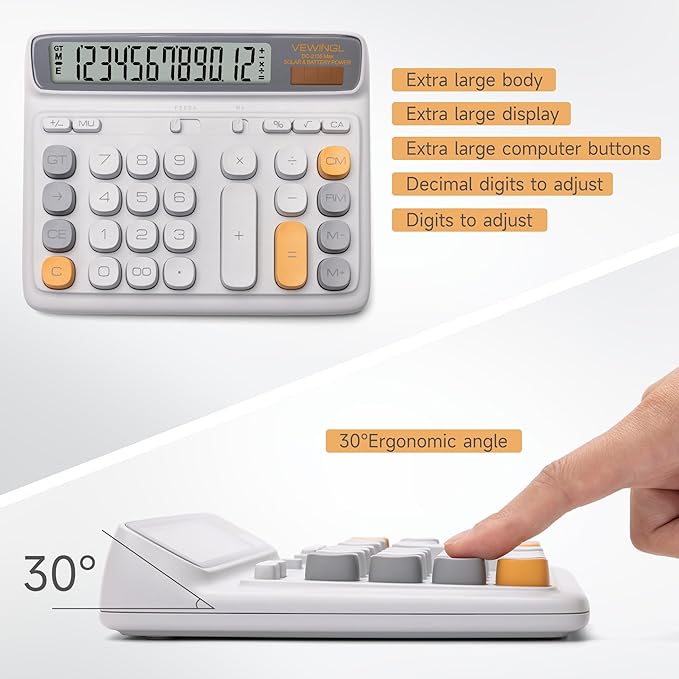 VEWINGL Desktop Calculator with Large LCD Display, 12-Digit Dual Power Solar & Battery Office Calculator with Big Buttons for Business, Accounting & Home Use (Gray, L)