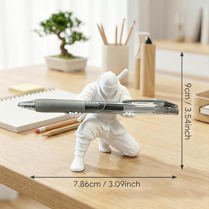3D Printed Ninja Pen Holder - Cool Ninja Figurine Pen Stand, Decorative Desk Organizer for Office & Home (white)