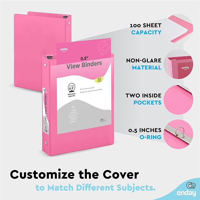 Enday 1/2 Inch Binder, Pink 3 Ring Binder, 0.5 Inch Heavy Duty Three Ring Binder, 100 Sheets Capacity - for Home School and Office