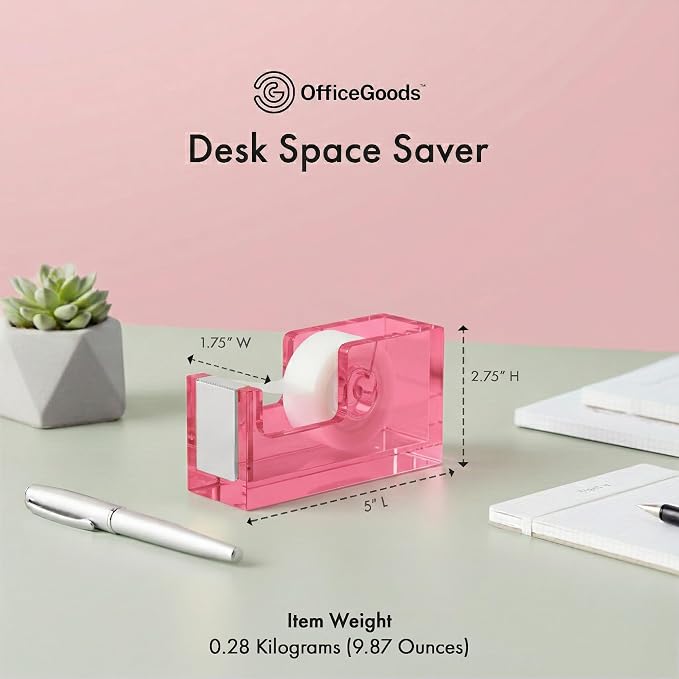 OfficeGoods Acrylic Tape Dispenser, Aesthetic and Compact Design, Pink | Modern desk accessory for office, Heavy duty refillable tape holder for crafting, Stylish desktop accessory for gift wrapping