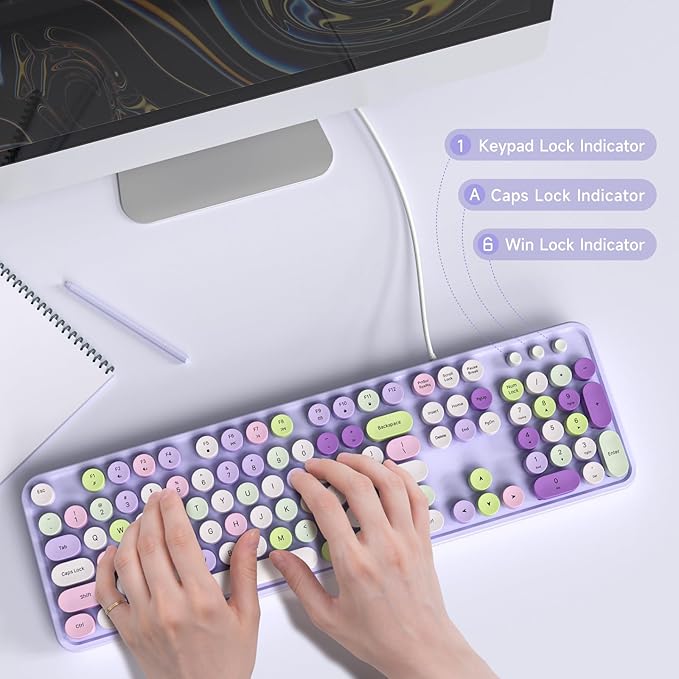 Computer Keyboard Wired, Plug and Play USB Retro Round Typewriter Keyboard, Full Size Wired Keyboard with Foldable Stands for Laptop and Office PC