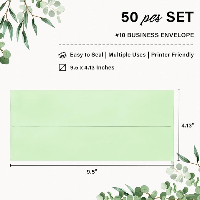 50 Pack #10 Light Green Envelopes Letter Size Self Seal Business Envelopes | Security Mailing Envelopes, 4 1/8 x 9 1/2 Inches