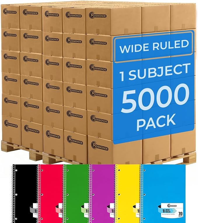 5000 Packs (Pallet) 1 Subject Notebooks Bulk, Wide Ruled,70 Sheets | Spiral Notebook Bulk, Wide Ruled, 140 pages, 8 x 10-1/2", Bulk Spiral Notebooks for School Districts, 4-7 Days Transit