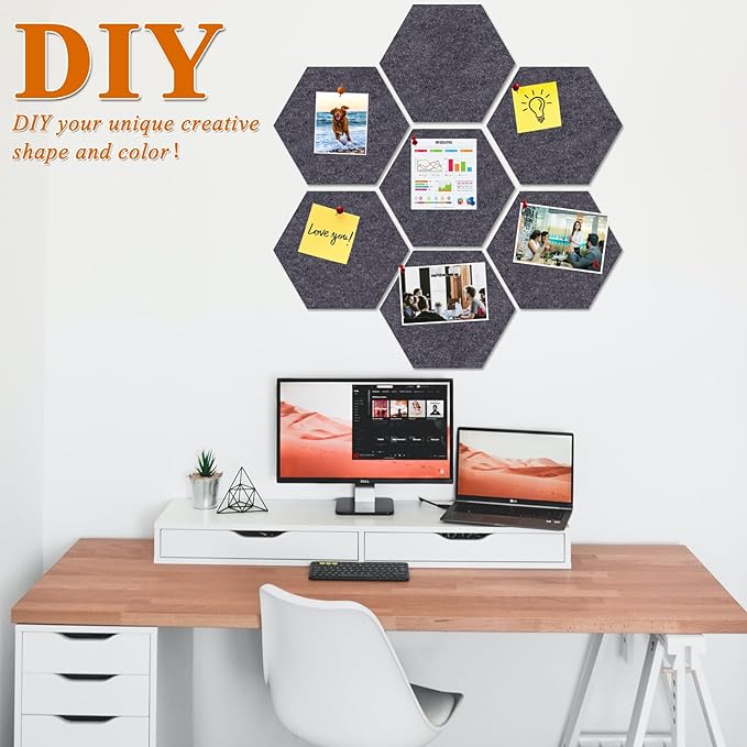 Large Hexagon Felt Cork Board Tiles, Self Adhesive DIY Felt Bulletin Board Pin Board with 35 Pushpins for Office School Home Wall Decor Stickers Memos Photos Display(Deep Grey)