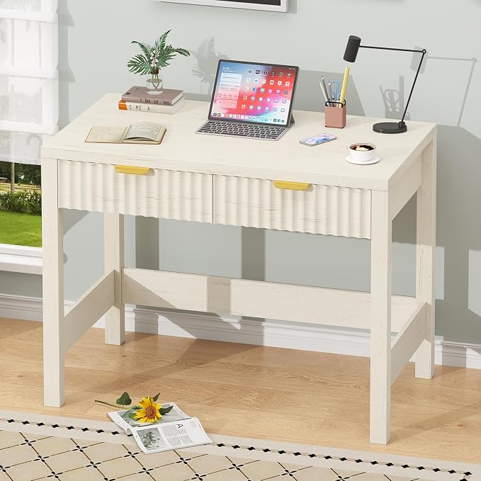 32 Inch Small Fluted Computer Desk with 2 Drawers for Bedroom, Home Office | Small Computer Desk with Storage for Bedroom, Compact Writing Study Desk for Small Spaces, White