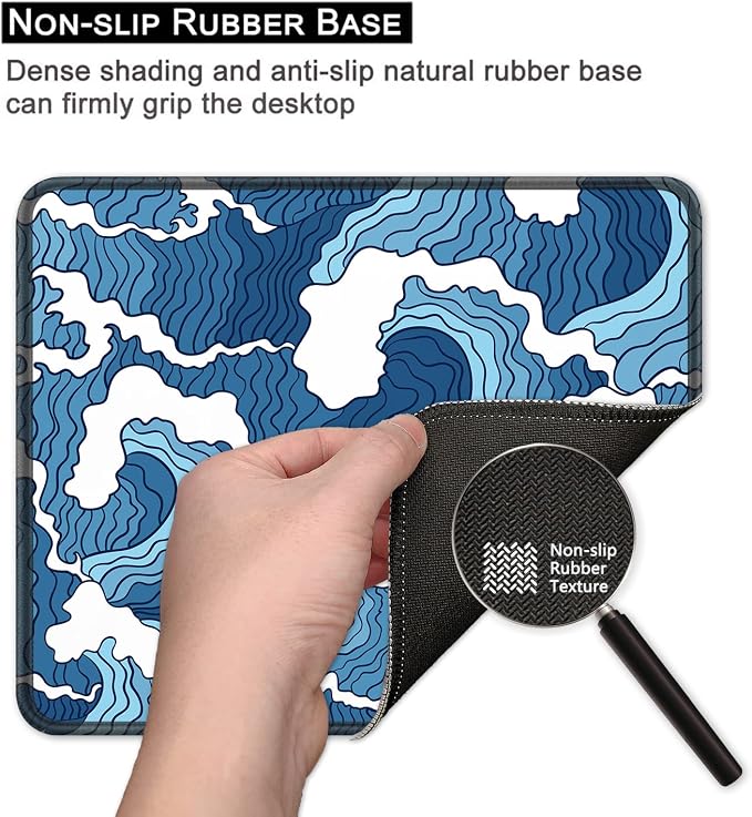 BOSOBO Mouse Pad, Square Anti-Slip Rubber Gaming Mousepad, Premium-Textured & Waterproof Mouse Mat with Stitched Edge, Cute Office Mouse Pads for Women Men Computer Laptop, 10" x 8", Japan Blue Wave