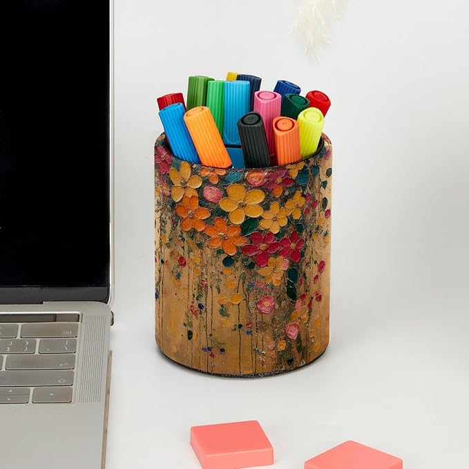 Leather Pen Holder for Desk, Hanging Floral Pencil Cup Pen Organizer Makeup Brush Holder for Office Home Kids Countertop Desk Accessory Storage