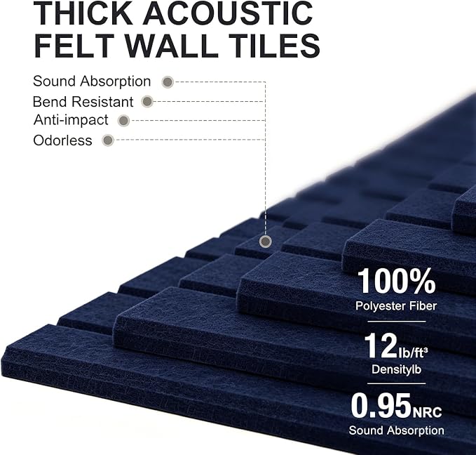0.47" Thick Felt Pin Board 48"x36" Large Cork Board Alternative 12 Pack 11.81"x11.81"Felt Bulletin Board Wall Tiles Notice Board with 60 Pushpins for Home Office School(Fine-Dark Blue)
