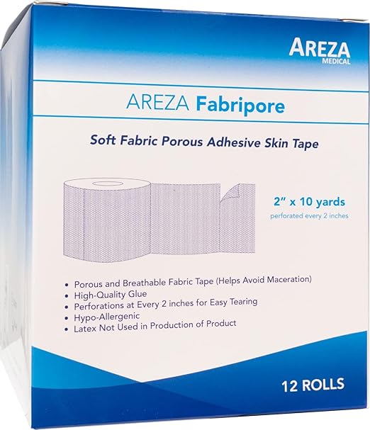 Areza Medical Surgical Tape - Porous Skin Soft Fabric Cloth Adhesive Tape - Fabripore - 2" x 10 yds. (5 cm x 9 m) - 12 Rolls per Box - 12 Boxes (Total of 144 Rolls)