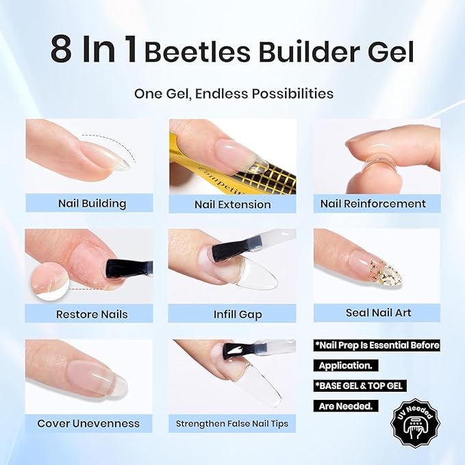 Beetles Builder Gel for Nails,2 Pcs 8 in 1 Clear Building Gel,for Strengthening Natural Nail Apex & Extension for DIY Salon at Home,Friendly for Beginner,UV LED Lamp Cured,Rhinestone Glue in a Bottle