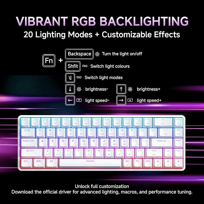 DIERYA DK68 60% Wireless Mechanical Gaming Keyboard, 3-Mode, Bluetooth 5.0/2.4G/USB-C, RGB Backlit, 68-Key Compact Mini for Windows, Mac, Linux - Linear Red Switch - White