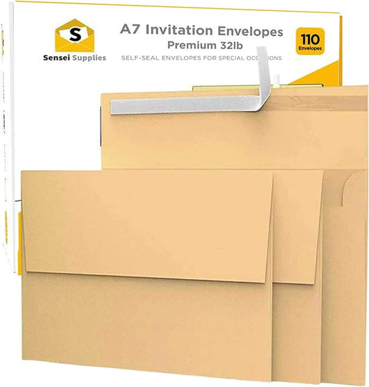 110 5x7 Kraft Brown Invitation Envelopes - for 5x7 Cards - A7 - (5 ¼ x 7 ¼ inches) - Perfect for Weddings, Graduation, Baby Shower - 120 GSM - Peel, Press & Self Seal - Square Flap