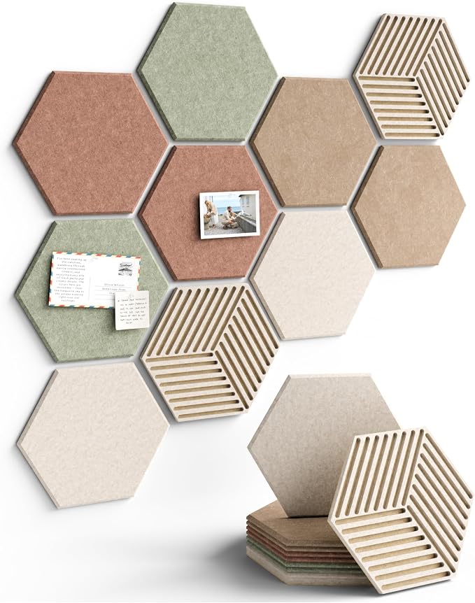 Fluxynara 10-Pack Hexagon Felt Bulletin Board Tiles, Boho | Cork Board Alternative for Wall Decor and Vision Boards, with 50 Adhesive Tabs for Home, Office, Classroom or Dorm.