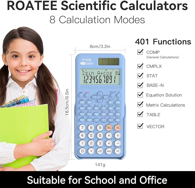 991MS 401 Functions 2-Line Display Desktop Calculator with Sliding Cover | ROATEE Scientific Calculator School Supplies Solar Battery Dual Power Kawaii for Middle High School Student and Teacher Blue