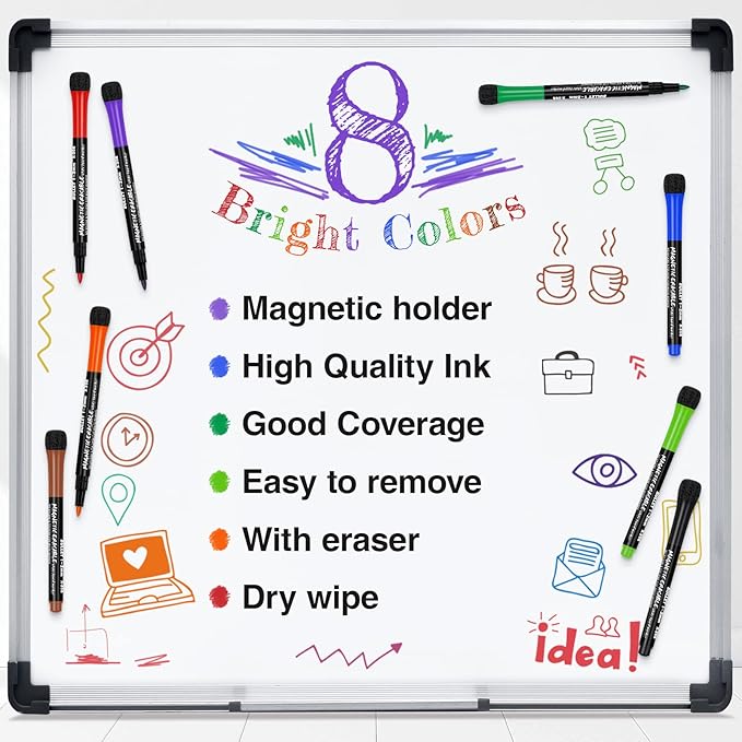 Fine Tip Dry Erase Markers 8 Pack, Magnetic Dry Erase Markers With Eraser, Skinny Low Odor White Board Marker Pens Bullet Tip Fine Point Thin Dry Erase Markers For Teachers Office Supplies