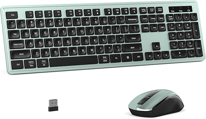Wireless Keyboard and Mouse Combo, Full-Size 104-Key Office Keyboard with 15 Function Keys, Numeric Keypad, Single USB Receiver, Compatible with PC and Laptop(Green)