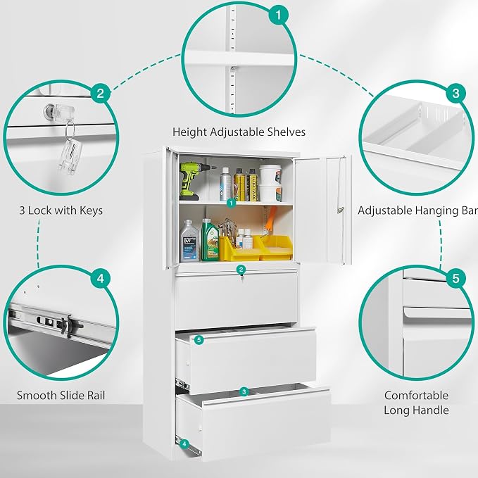 3 Drawer Lateral File Cabinet with Lock and Shelf,White Metal Filling Cabinet with Drawers and Shelf, Locking File Storage Cabinets with Doors and Shelves for Home,Office,Garage,School