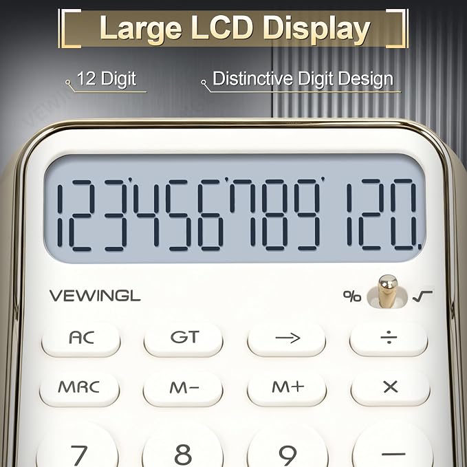 VEWINGL Desktop Calculator, 12 Digit HD Display with% Key | Metallic Vacuum-Plated Surface, Great for Office, School, or Home (Electroplated White, Non-Voice)