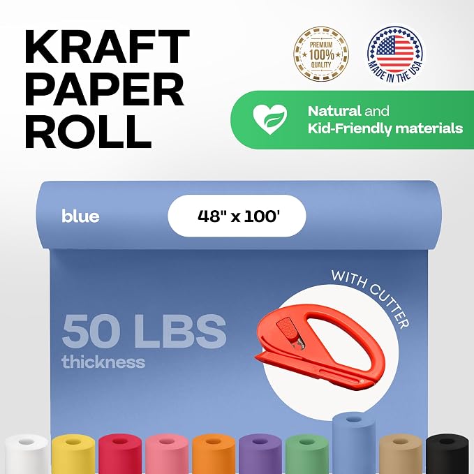 Blue Kraft Paper Roll 48" x 1200" (100 feet) with Cutter - USA-Made Gift Wrapping Paper for Packing, Moving, Shipping & Crafts/Arts - 100% Recyclable Natural Craft Material by IDL Packaging | Gift Wrapping Paper for Packing, Moving, Shipping & Crafts/A...