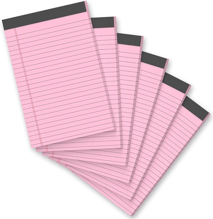 6 Pack 5 x 8 Inch Pink Legal Pads, Double-Sided Lined Notepads with Hard Backing for Office, School & Home, Thick Perforated No-Bleed Paper for Students, Teachers & Professionals