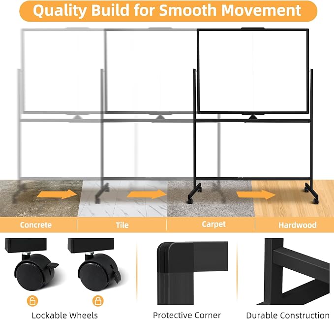 Rolling Dry Erase Whiteboard Stand, 48" x 36" White Board on Wheels Black | Double-Sided Reversible, 4 x 3 ft, Mobile Standing Whiteboards, Portable Magnetic Board, for Office School Home
