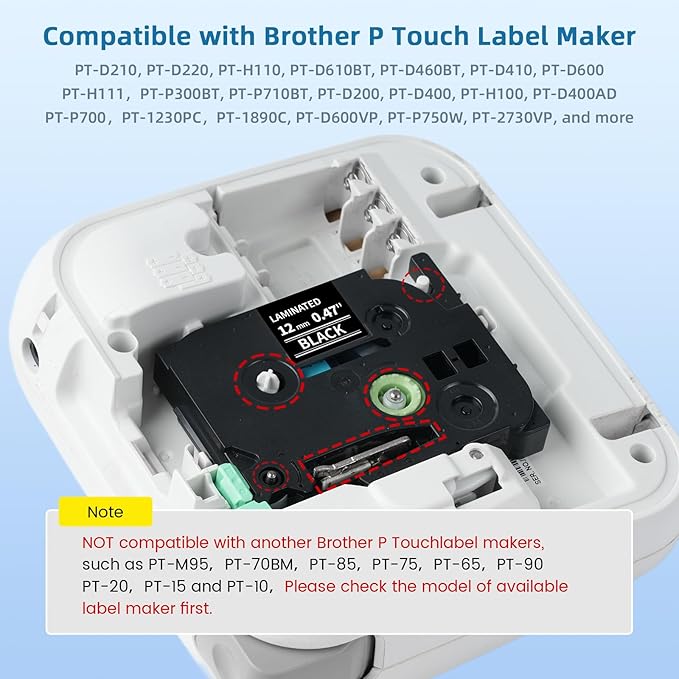 Label Maker Tape Black Replacement for Brother TZe-335 TZe335 Laminated P Touch Label Maker Tape White on Black TZe TZ 12mm 0.47 Laminated for Brother PT-D210 PT-D220 PT-H110 PT-D400 PT-D600, 4-Pack