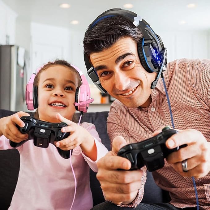 BENGOO G9000 Professional Gaming Headset for PS4, PC, Xbox One Controller, Noise Cancelling Over Ear Headphones with Mic, LED Light, Bass Surround, Soft Memory Earmuffs for Laptop - Pink