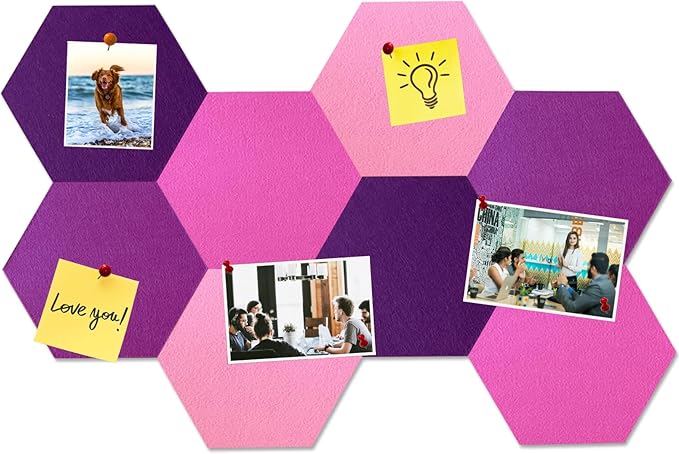 Large Hexagon Felt Cork Board Tiles, Self Adhesive DIY Felt Bulletin Board Pin Board with 35 Pushpins for Office School Home Wall Decor Stickers Memos Photos Display(Deep Purple+Pink)