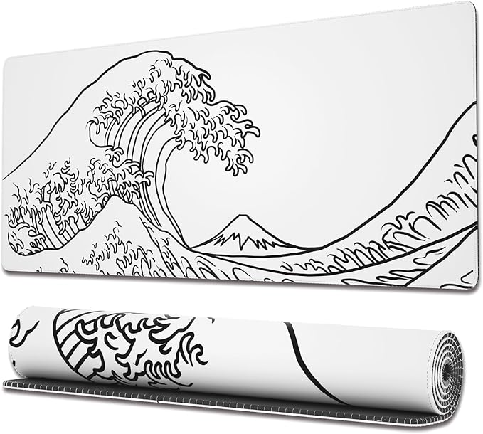 Ovenbird Gaming Mouse Pad with Stitched Edges, Japanese Wave White Extended XL Mousepad with Anti-Slip Base, Cool Large Mouse Pad for Desk, 31.5 x 11.8 in, White
