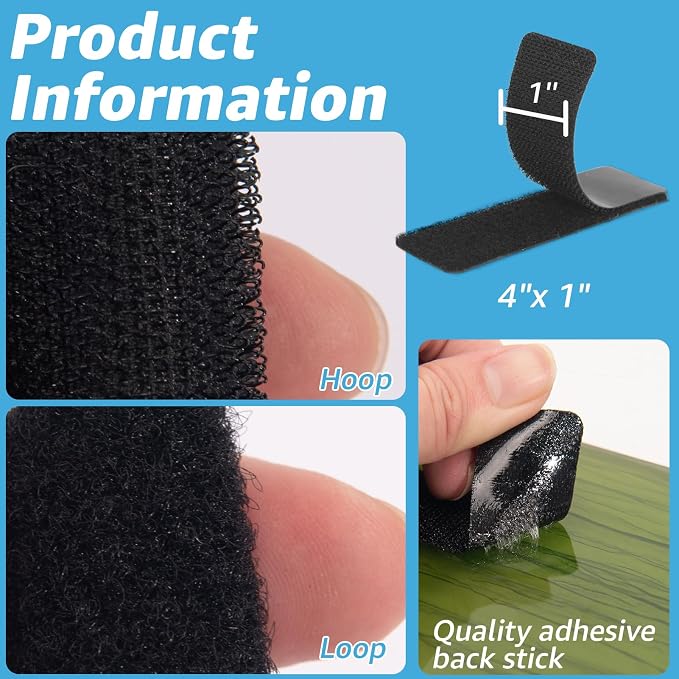 Art3d 40 Sets Hook and Loop Tape, 1"x 4" Sticky Back, Heavy Duty | Double-Sided, Adhesive Strip, Nylon, Picture Hanging Strips Fastener for Mounting Hanging, Glass, Tile, Metal, Home, Office