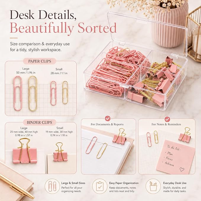 Paper Clips and Binder Clips Set, Pink & Gold, Assorted Size Clips | 165-Piece Decorative Paper Clip Set, Cute Desk Accessories for School, Home, Office, Desk, Planners and Documents