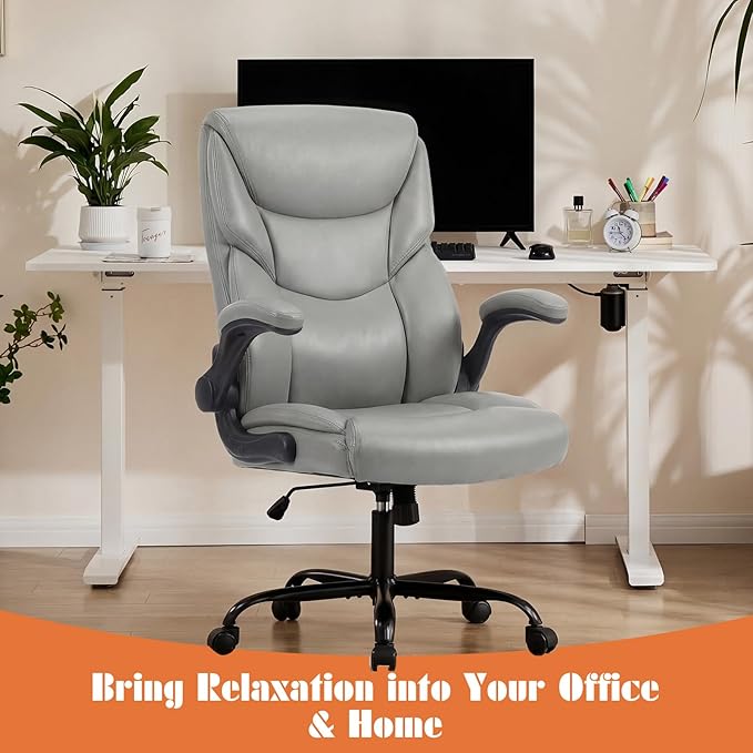 Sweetcrispy Office Computer Gaming Chair Set of 2, Ergonomic High Back Heavy Duty Task Desk Office Chairs with Wheels, Flip-up Arms, Adjustable Height, PU Leather, Grey