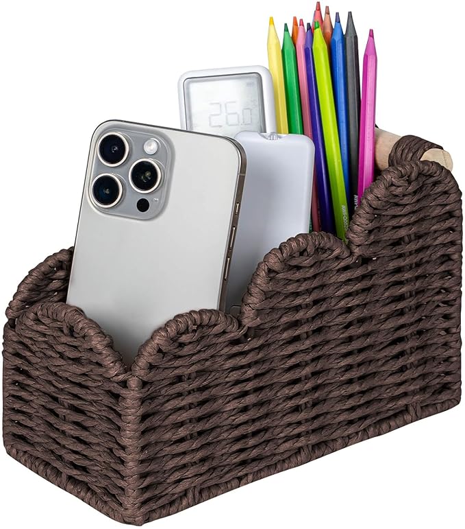 CubesLand Bedside Table Desk Organizer Caddy, Remote Pen&Pencil Holder Cup | Makeup Brush Holder w/Scalloped Perfect for Home, Office Desk, Living Room Table Decor, 3 Slots Brown