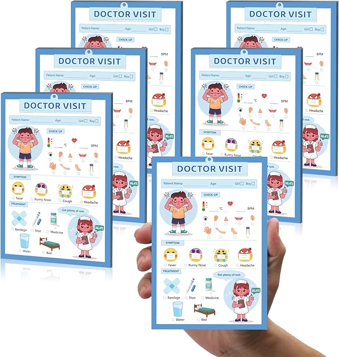 Kids Pretend Play Notepads 4X6 In Pretend Play Notebooks Playtime Notepads Variety Role Play Game Accessories Pages Each for Kids Toddlers 3-5(6,Blue Doctor Visit)