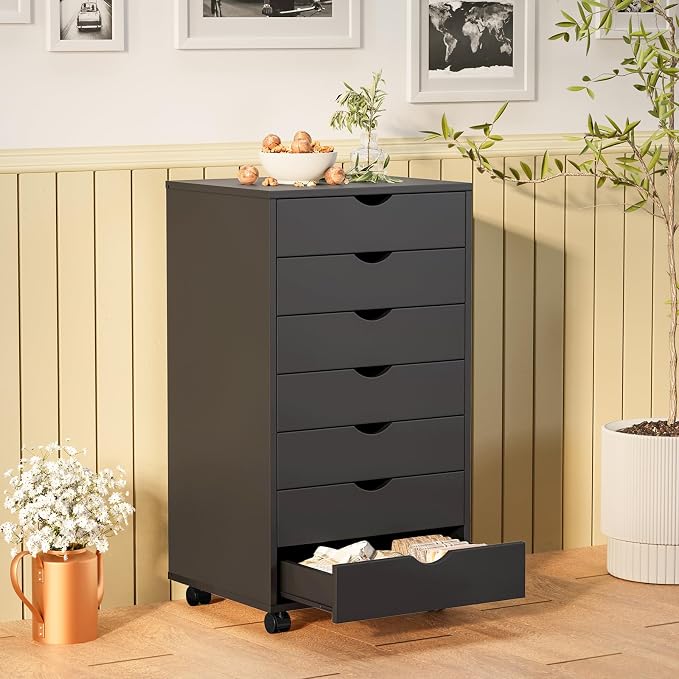 Sweetcrispy 7 Drawer Wooden Dresser, Storage Cabinets, Room Organization | Mobile Rolling Wheels, Vertical Organizer Chest, Home Office Bedroom Furniture, Black Wood