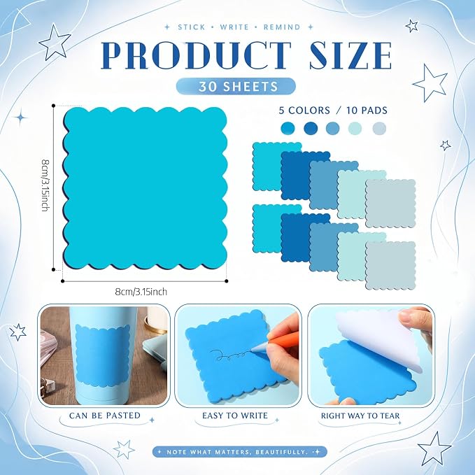Epakh 10 Pack Scalloped Line Sticky Notes,3 x 3 Inch,Blue | 300 Sheets, Small Notes Pads, Thick Note Pads, Strong Adhesive, Back to School Office Supplies
