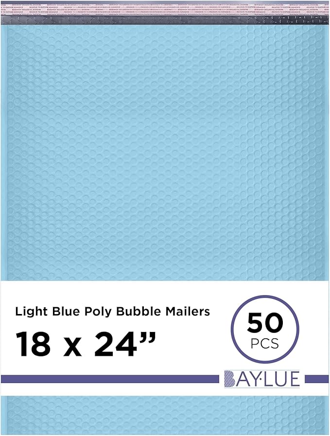 Light Blue Poly Bubble Mailers 18x24 Inch #9 | Self Seal Large Padded Envelopes | Air Cushioned Bubble Mailer | Usable Size 18x23 Inch | Waterproof Lightweight Mailing Shipping Bags | 50 Pack