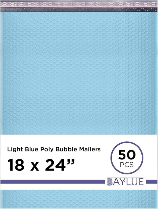 Light Blue Poly Bubble Mailers 18x24 Inch #9 | Self Seal Large Padded Envelopes | Air Cushioned Bubble Mailer | Usable Size 18x23 Inch | Waterproof Lightweight Mailing Shipping Bags | 50 Pack