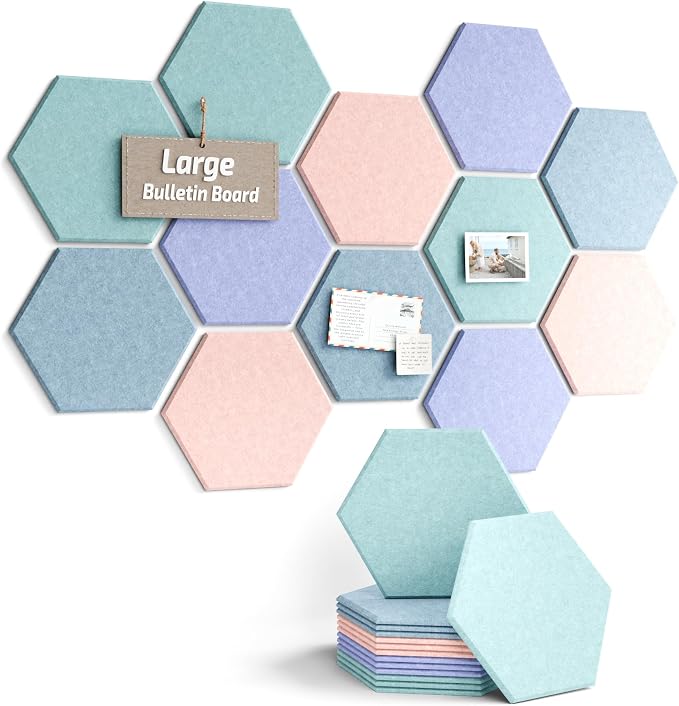 Fluxynara 12-Pack Hexagon Felt Bulletin Board Tiles, Coastal Haze-1 | Cork Board Alternative with 60 Adhesive Tabs for Notes, Photos and Reminders in Home Offices, Dorm and Classrooms