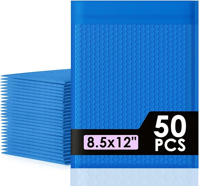 packbabol Bubble Mailers 8.5x12" 50 Pack Blue Padded Envelopes Waterproof Usable Size 8.5x11 Self-Seal Padded Mailing Envelopes Bubble Opaque Padded Mailer for Small Businesses， Envelope Mailers#2