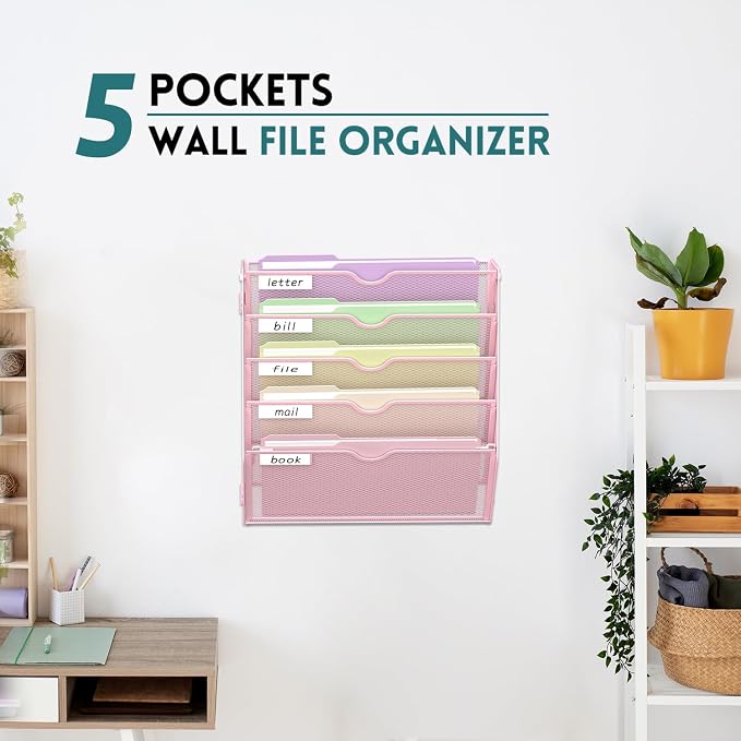 5 Tier Wall File Organizer, Hanging Wall Mounted Mail Organizer with Label Slots, Metal Mesh File Holder Magazine Rack for Office, Home, School, Pink