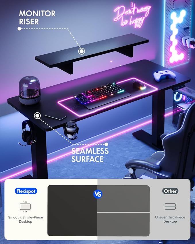 FLEXISPOT Standing Desk with Monitor Stand, 48 x 24 Inches One-Piece Electric Height Adjustable Computer Desk with Cup Holder for Home Office, Black